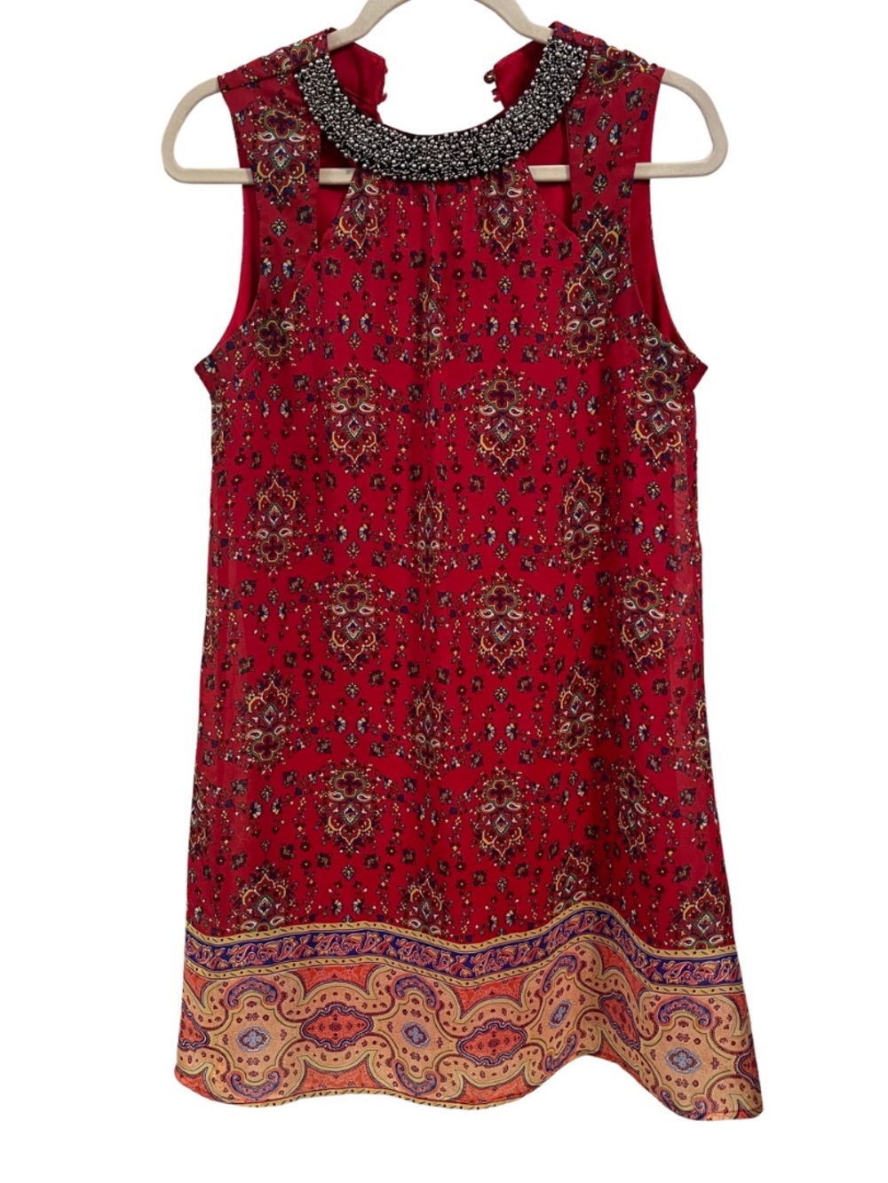 Speechless Embellished Neckline Flowy Shift Dress